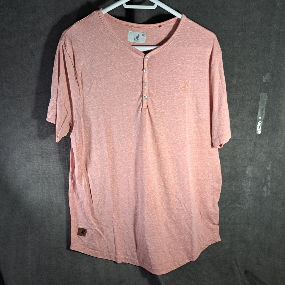 Kangol Salmon Pink White Four Button Rounded Neck Striped Tee VG XL